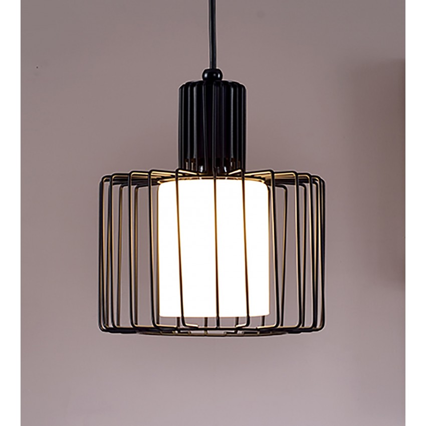 Black Wire Cage Barnyard Frosted Glass Shade Hard-Wired Pendant Ceiling 10.25"