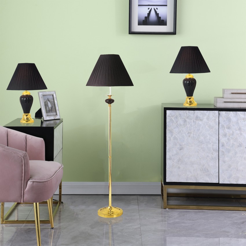 Black Ceramic/Brass Table And Floor Lamp Set Of 3