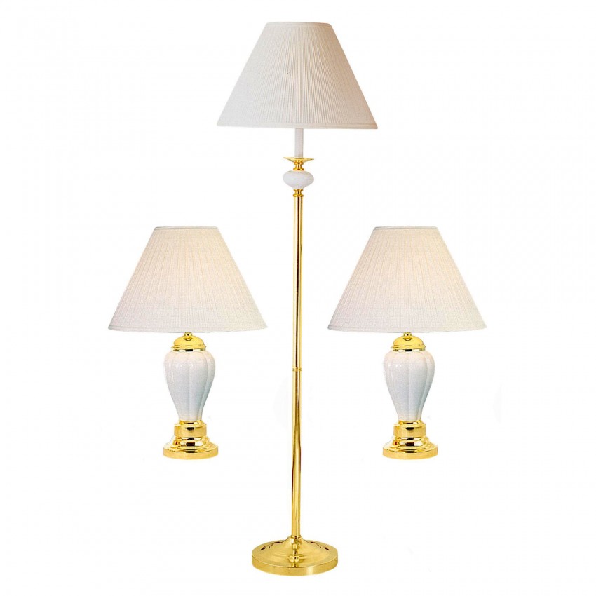 Ivory Ceramic/Brass Table And Floor Lamp Set Of 3