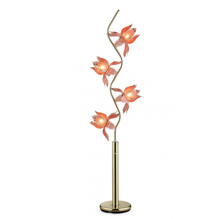 4-Light Pink Floral Etch Glass Tree Garden Brass Gold Metal Floor Lamp 73"