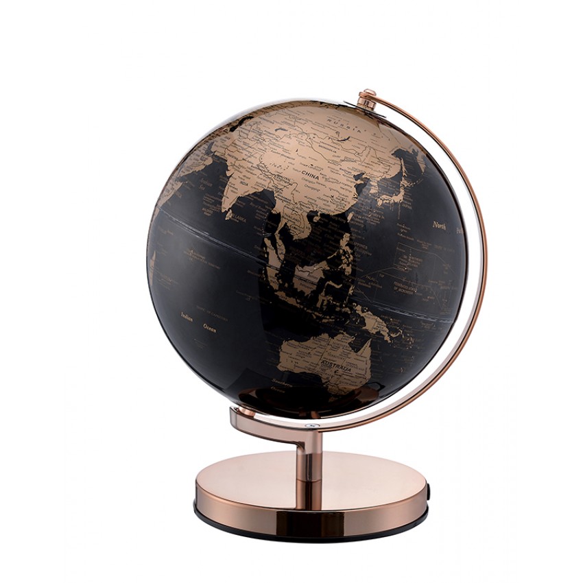 Black/Gold Globe On Rose Gold Metal Frame 12.5"