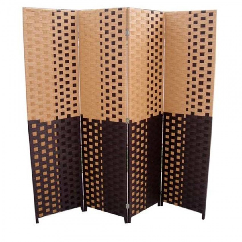 Handcrafted Paper Straw Two Tone Woven 4 Panel Room Divider - Espresso/Sand