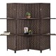 Handcrafted Paper Straw Woven 4 Panel Room Divider W/Shelf - Espresso