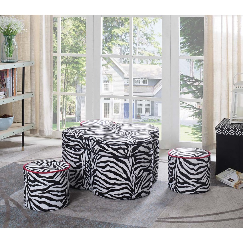 Zebra Print Round Angle Storage Ottoman W/ 3 Extra Seating 17.5"