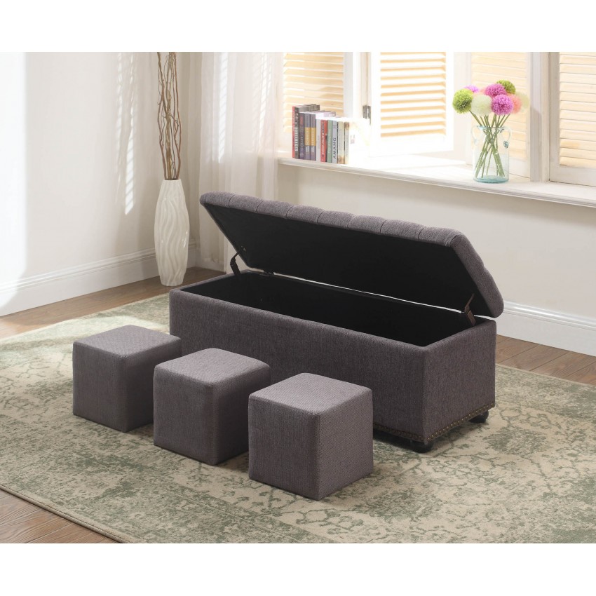 Tufted Gray Storage Bench + 3 Pcs Ottoman Seating 18"