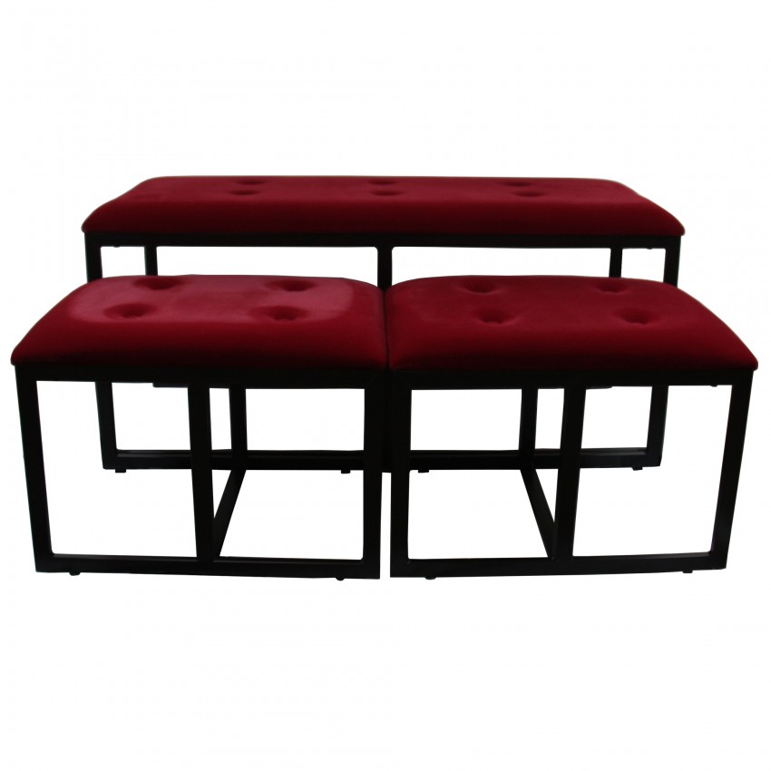 Red Suede Tufted Metal Bench W/ 2 Seatings 20.5"