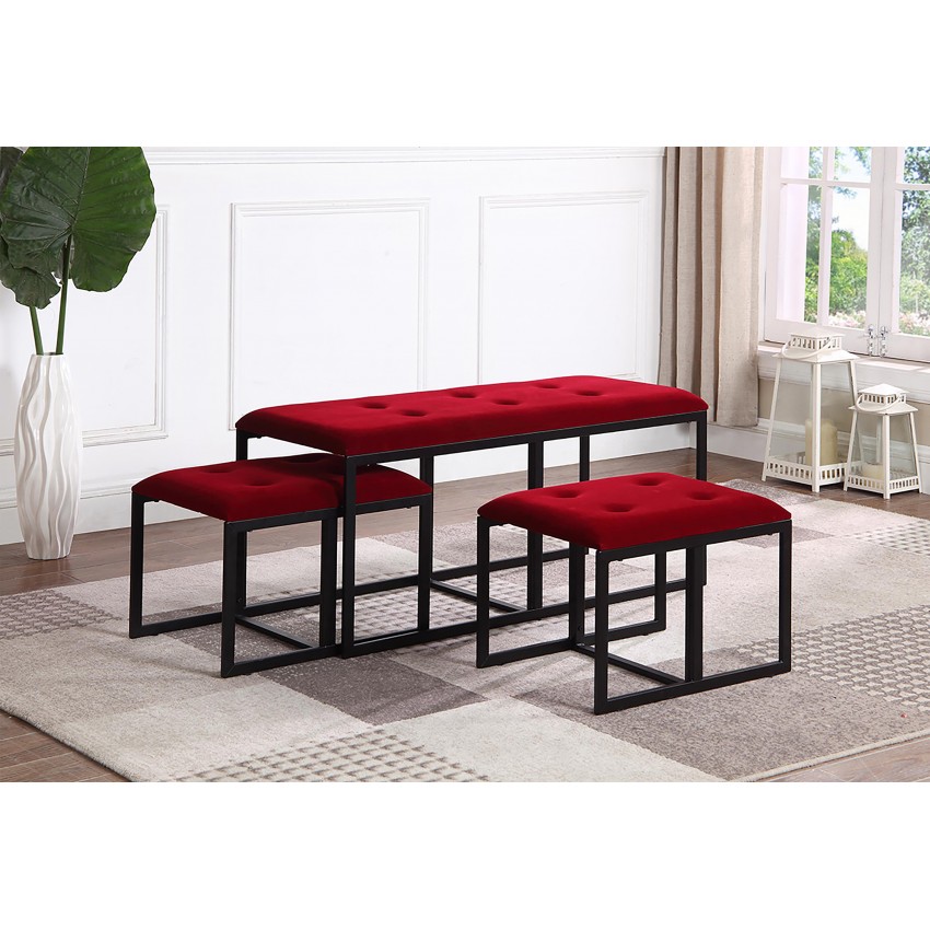 Red Suede Tufted Metal Bench W/ 2 Seatings 20.5"