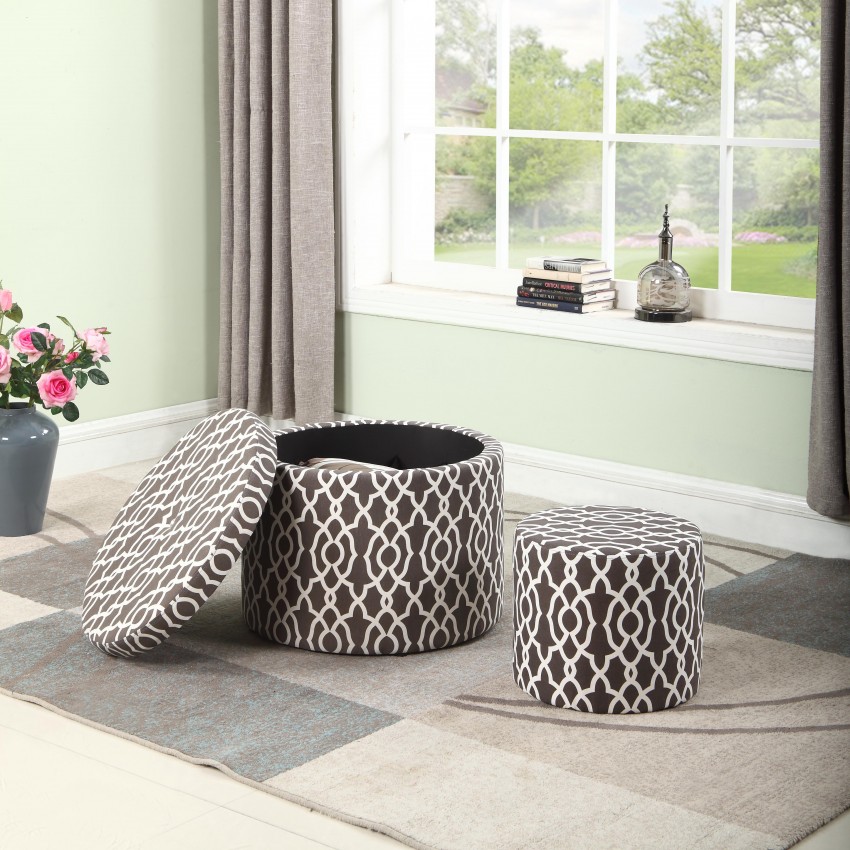 Round Geometric Storage Ottoman + 1 Extra Seating 17.5"