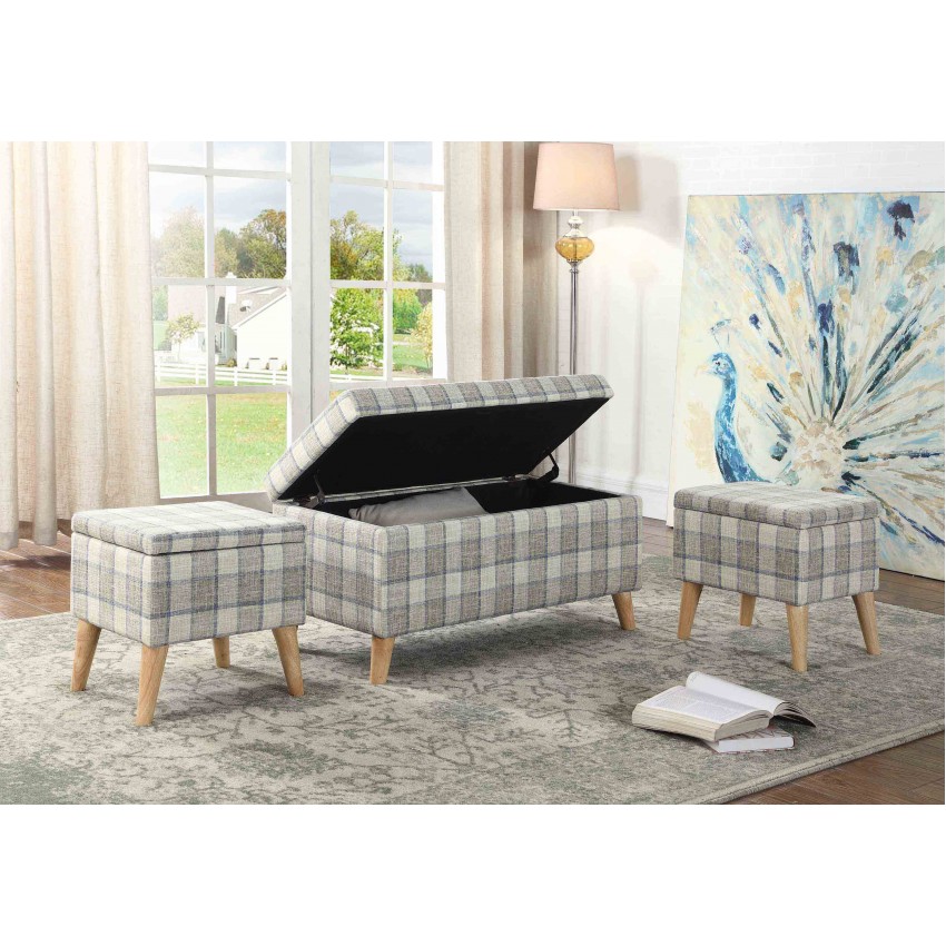 Grey Plaid Storage Bench + 2 Extra Storage Ottoman Seating 18"