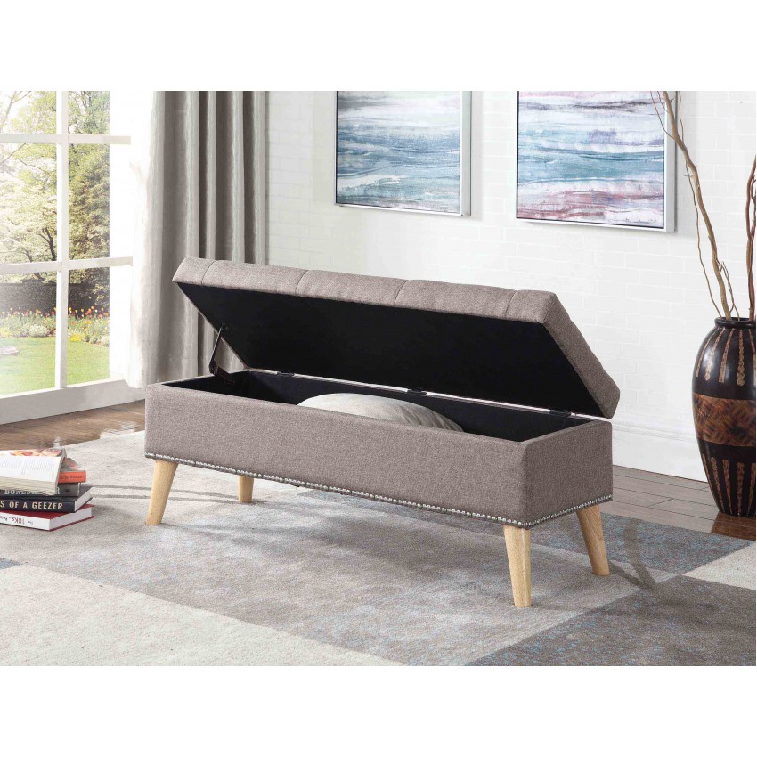 Dark Gray Mid-Century Tufted Storage Bench On Natural Legs 17"