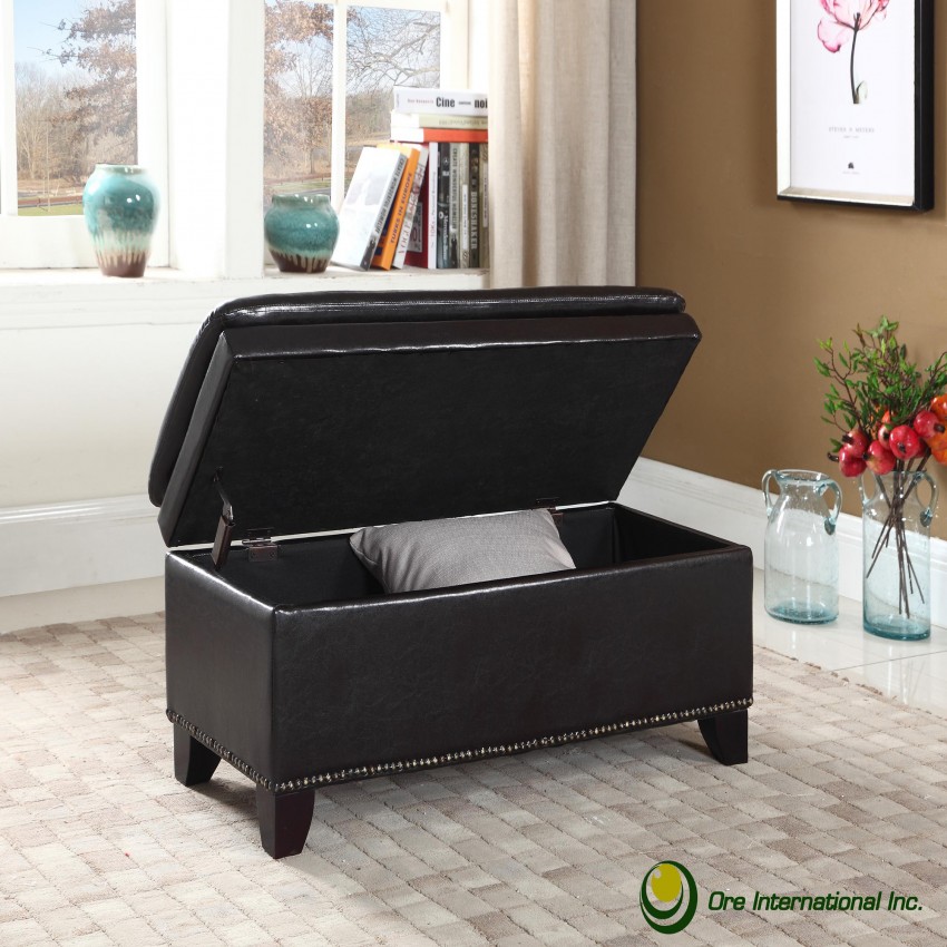 Espresso Double Cushion Nail Head Storage Bench 17"