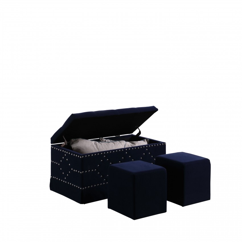 Indigo Blue Velvet Chrome Nailhead Studs Tufted Storage Bench + 2 Seatings 18.5"