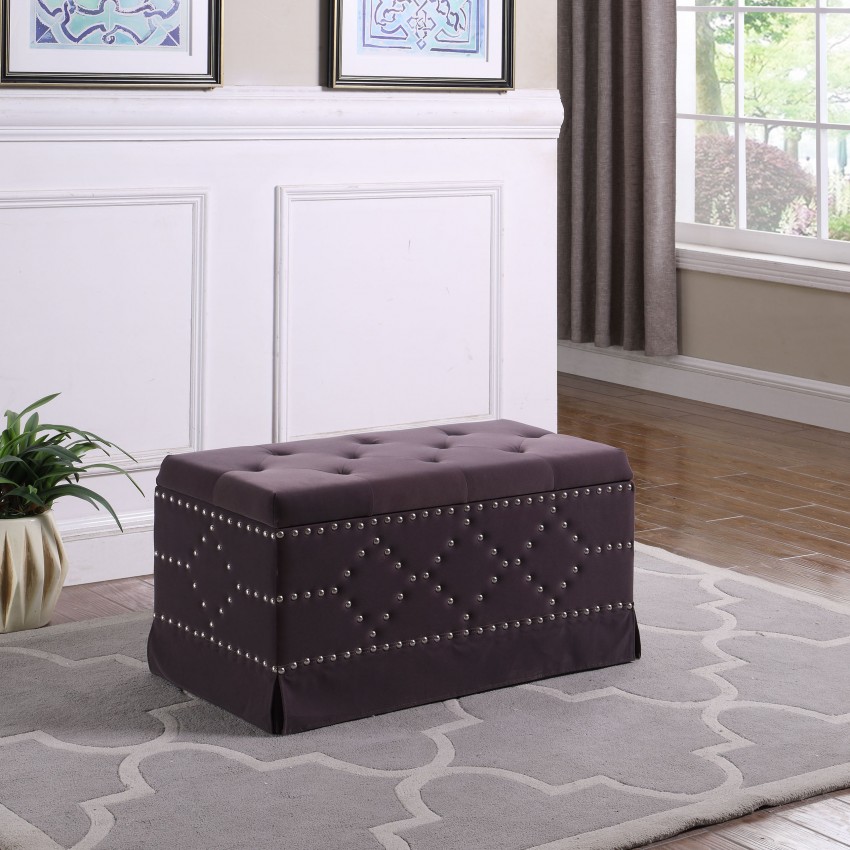 Gray Velvet Chrome Nailhead Studs Tufted Storage Bench + 2 Seatings 18"