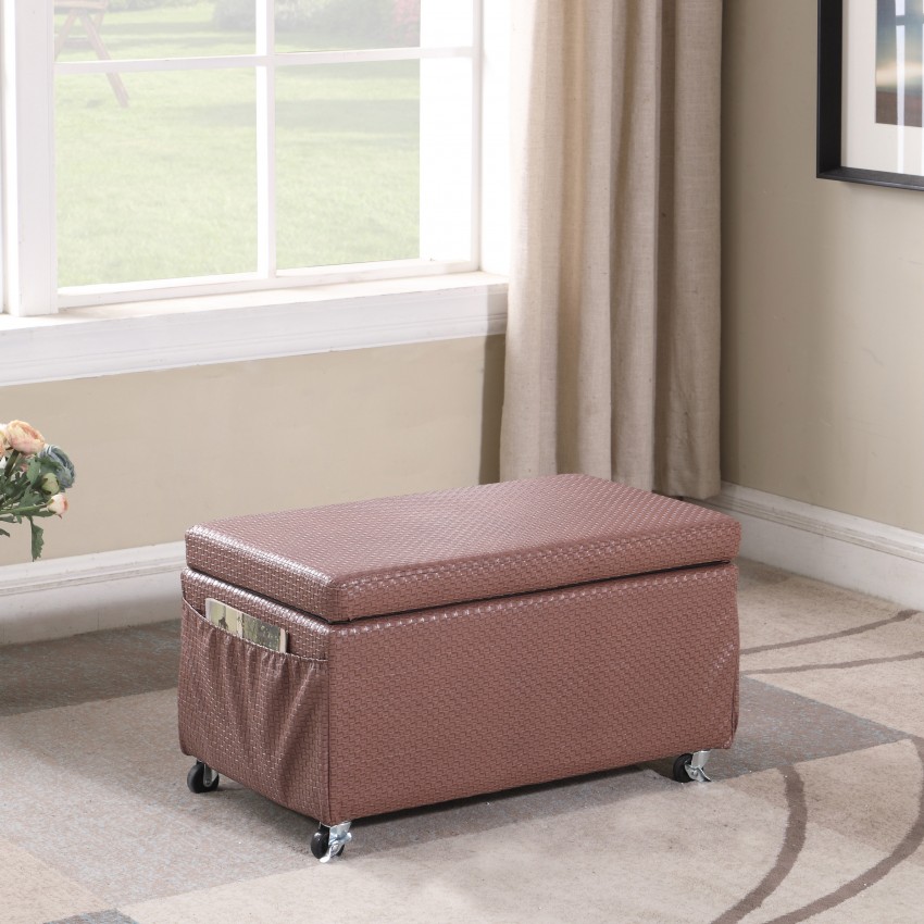 Auburn Brown Basketweave Leatherette Storage Bench Seat W/ Side Pockets And Industrial Caster Wheels 17"