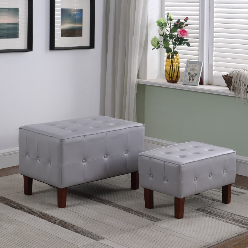 Light Gray Leatherette Allover Tufted Piping Trim Stackable Seating W/ Wooden Legs + 1 Seat 19.5"