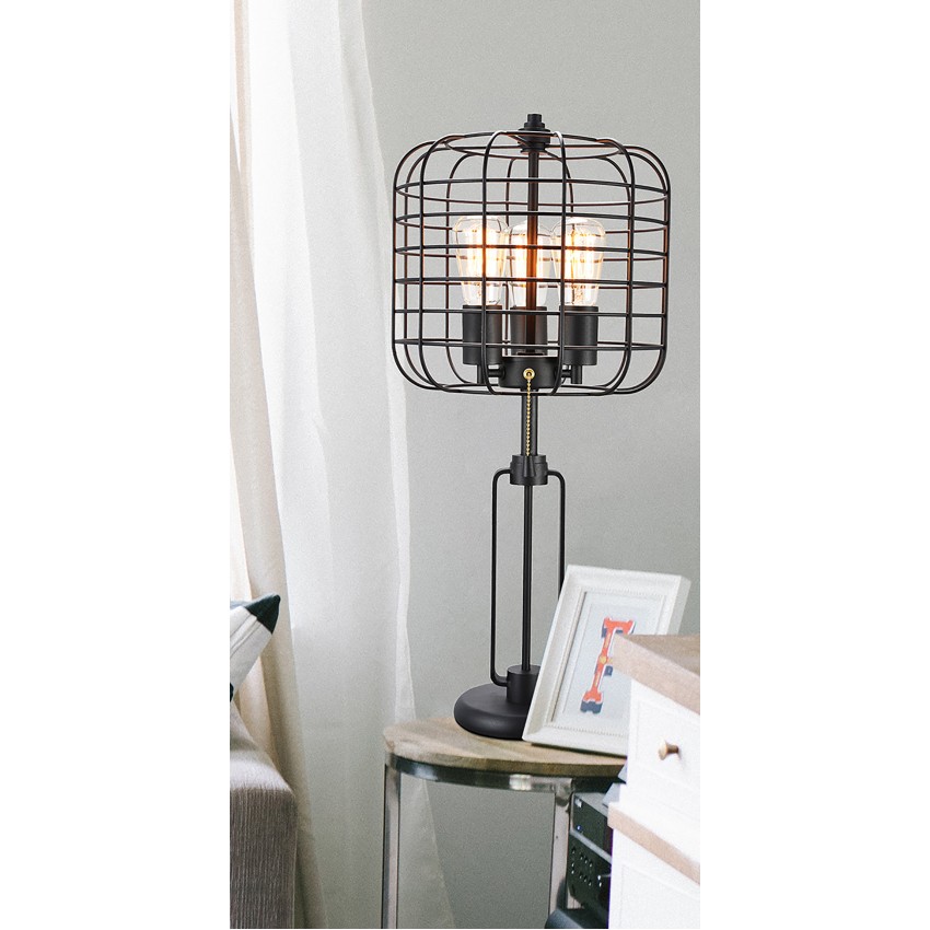 Powder Coated Industrial Cage 3 Light Edison Table Lamp 26.5"