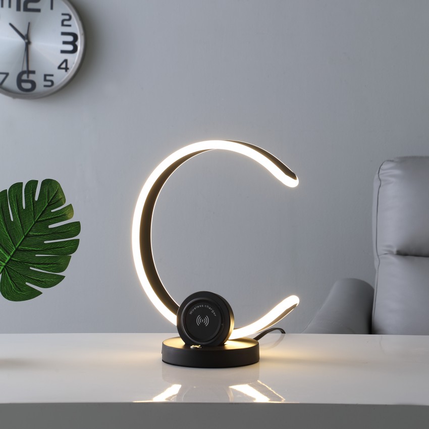 Black Modern C Shape Led W/ Usb/Wireless Charger Port & Touch Dimmer Table Lamp 13.25"