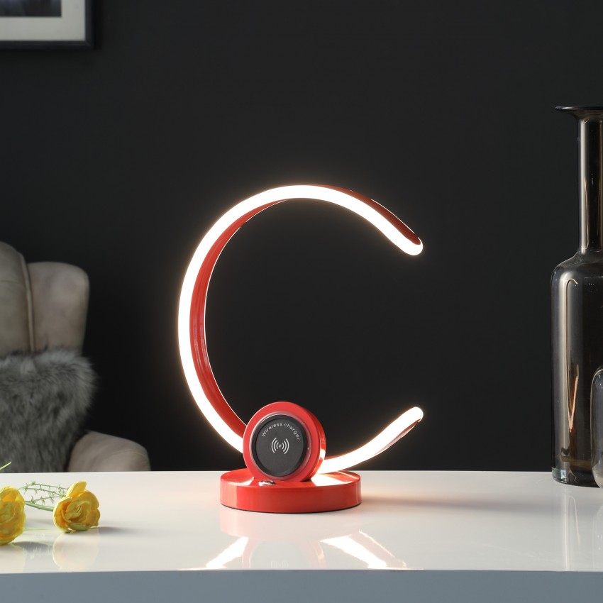 Bright Red Modern C Shape Led W/ Usb/Wireless Charger Port And Touch Dimmer Table Lamp 13.25"